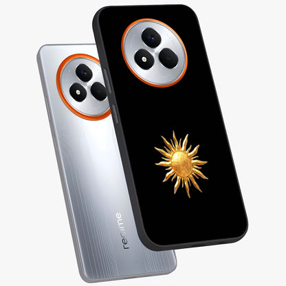 Golden Sun Minimalism Glass Case displayed in angled mockup highlighting eerie shadow illustration with gothic aesthetic.