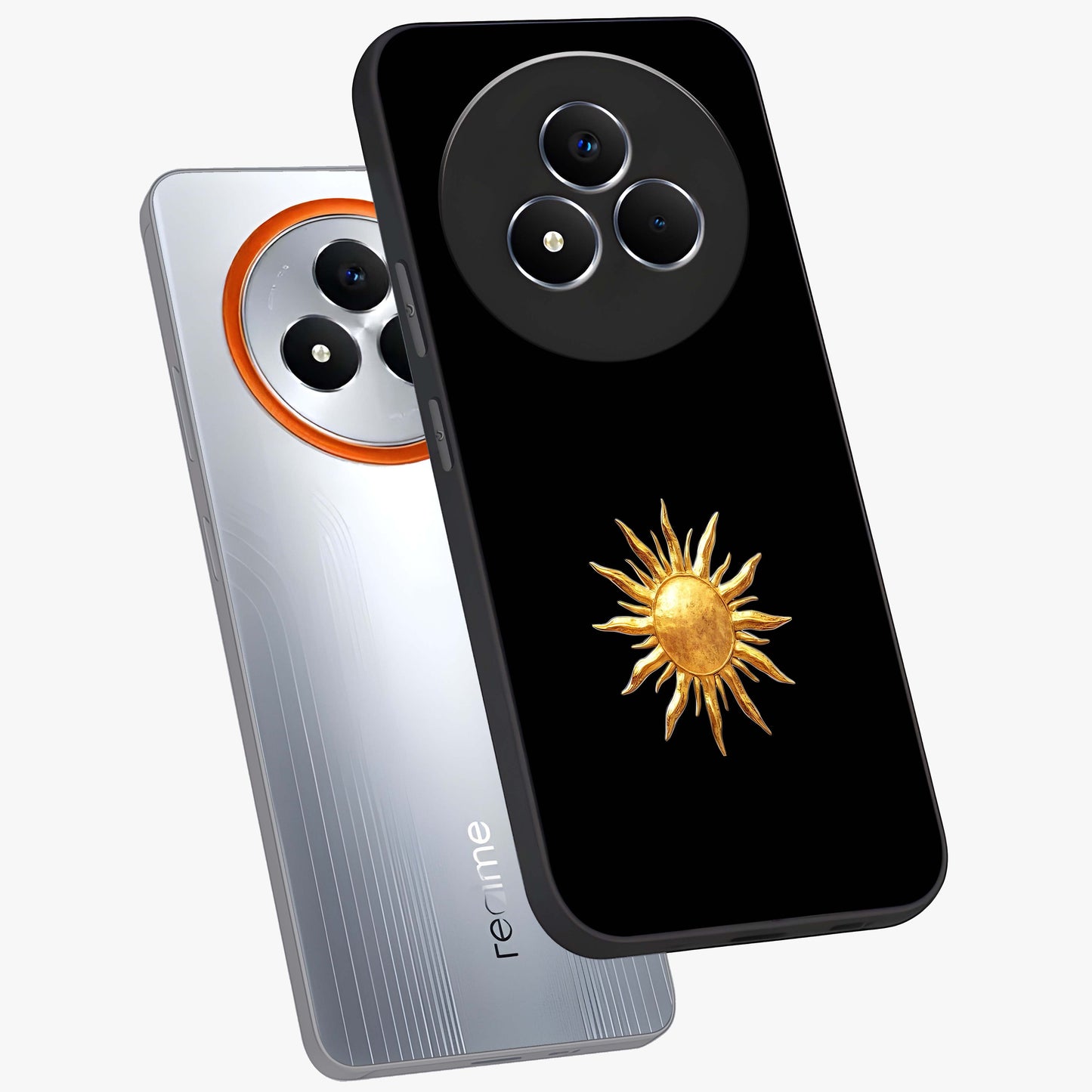 Golden Sun Minimalism Glass Case displayed in angled mockup highlighting clean sun symbol design with modern minimal aesthetic.