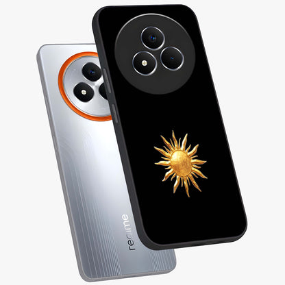 Golden Sun Minimalism Glass Case displayed in angled mockup highlighting clean sun symbol design with modern minimal aesthetic.