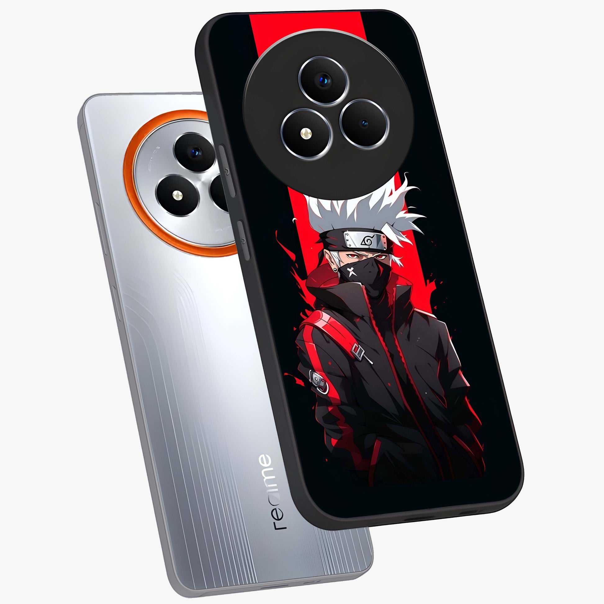Kakashi Scarlet Shadow Glass Case displayed in angled mockup highlighting dramatic ninja illustration with scarlet themed aesthetic.