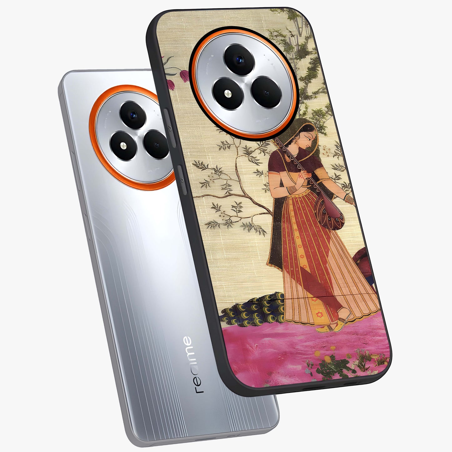 Lady With Veena Art Glass Case displayed in angled mockup highlighting graceful musical illustration with cultural artistic aesthetic.