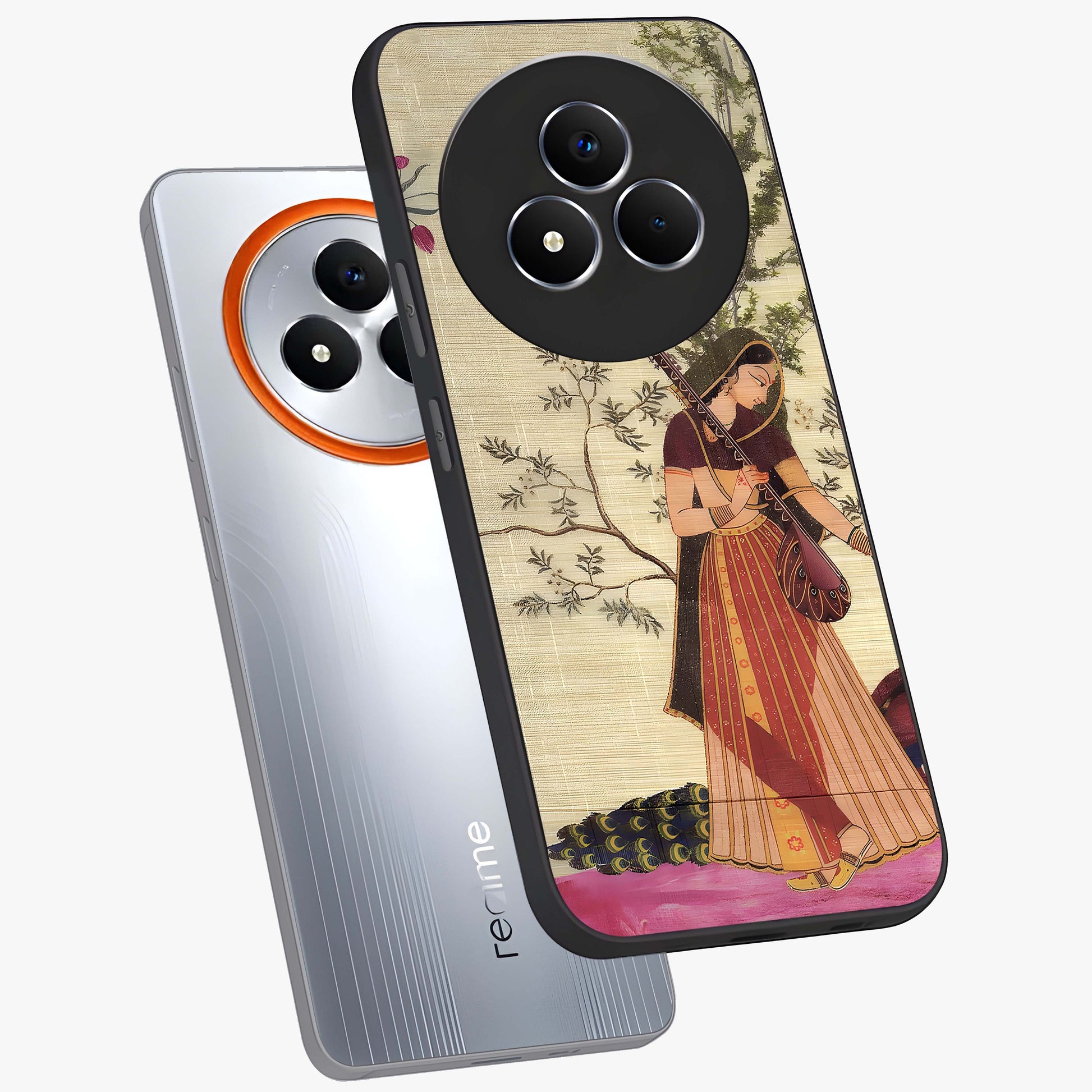 Lady With Veena Art Glass Case displayed in angled mockup highlighting graceful musical illustration with cultural artistic aesthetic.