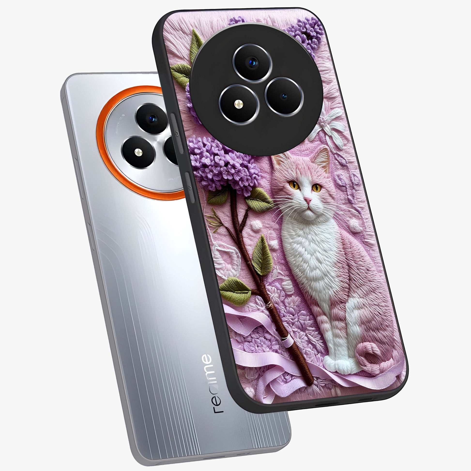 Lavender Cat Whimsy Glass Case displayed in angled mockup highlighting playful feline illustration with pastel lavender aesthetic.