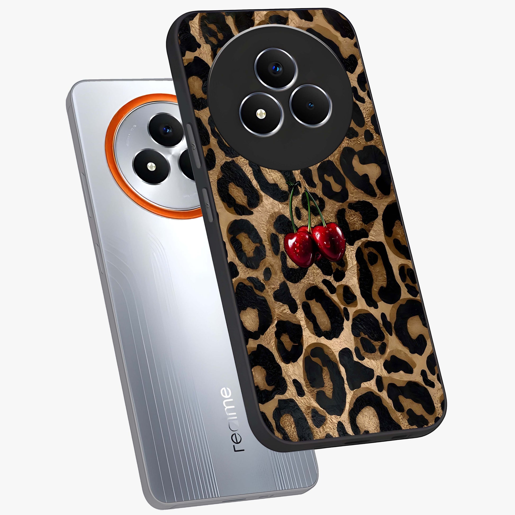 Leopard Wild Cherry Glass Case displayed in angled mockup highlighting bold animal print design with playful cherry aesthetic.