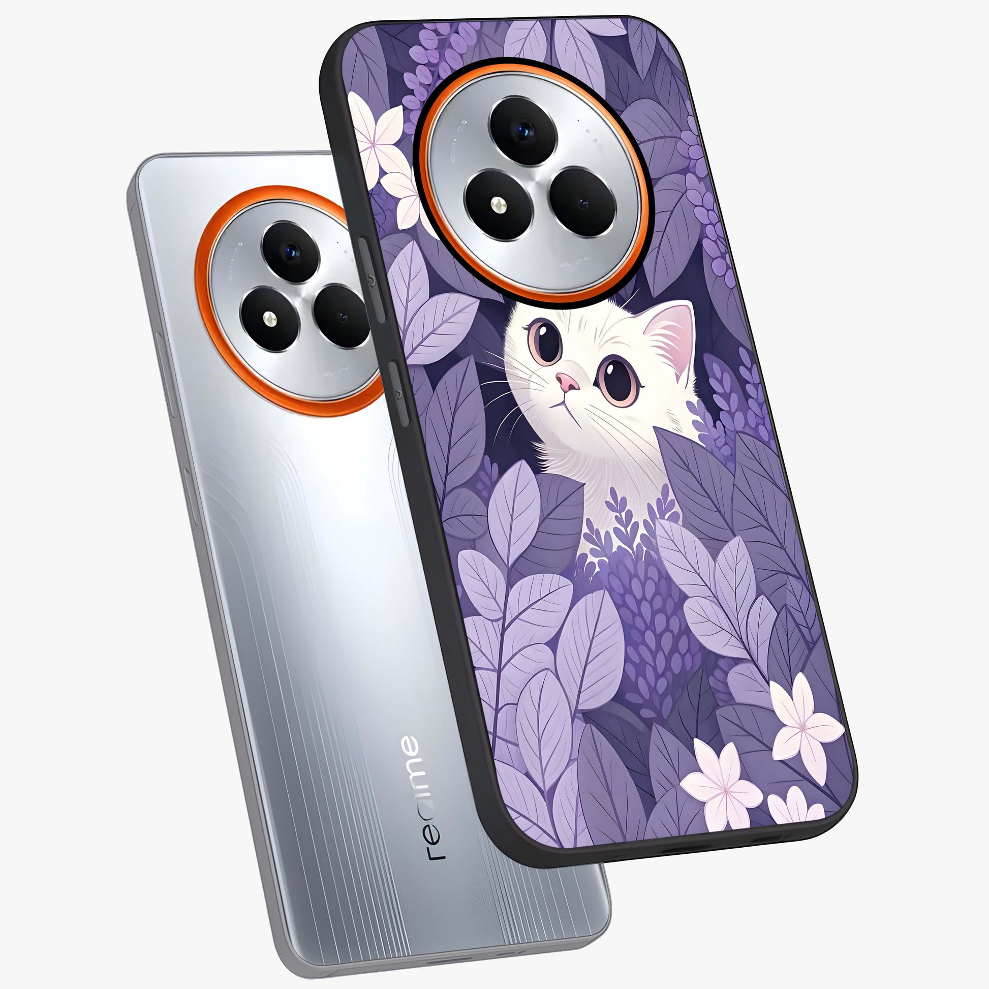 Lilac Hide Peek Cat Glass Case displayed in angled mockup highlighting playful feline illustration with lilac aesthetic design.