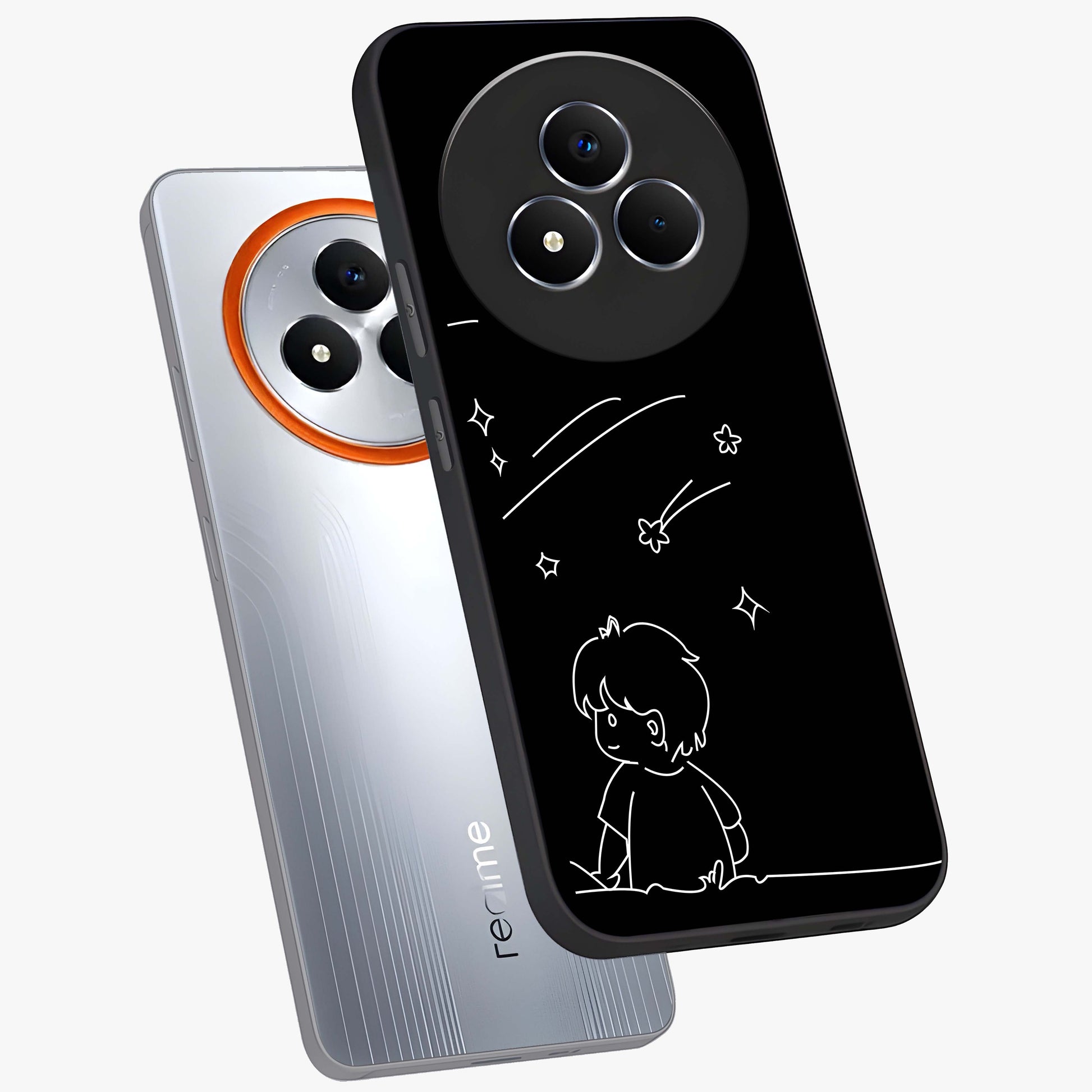 Line Art Boy With Shooting Stars Glass Case displayed in angled mockup highlighting elegant line art design with dreamy star aesthetic.