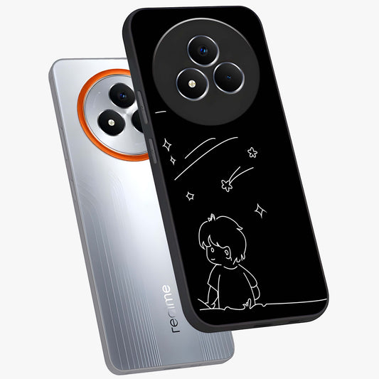 Line Art Boy With Shooting Stars Glass Case displayed in angled mockup highlighting elegant line art design with dreamy star aesthetic.