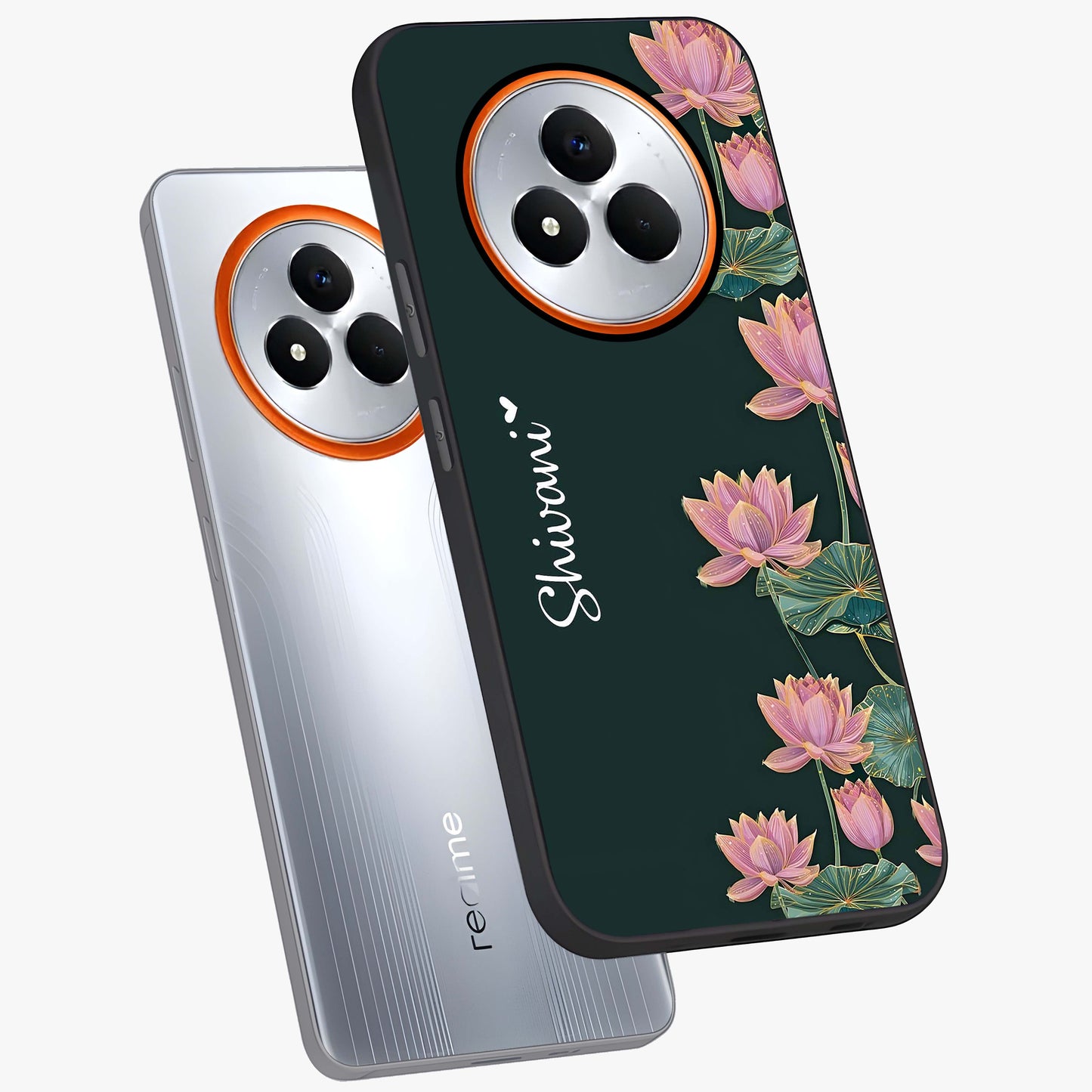 Lotus Bloom Serenity Custom Name Glass Case displayed in angled mockup highlighting graceful lotus illustration with custom name feature.