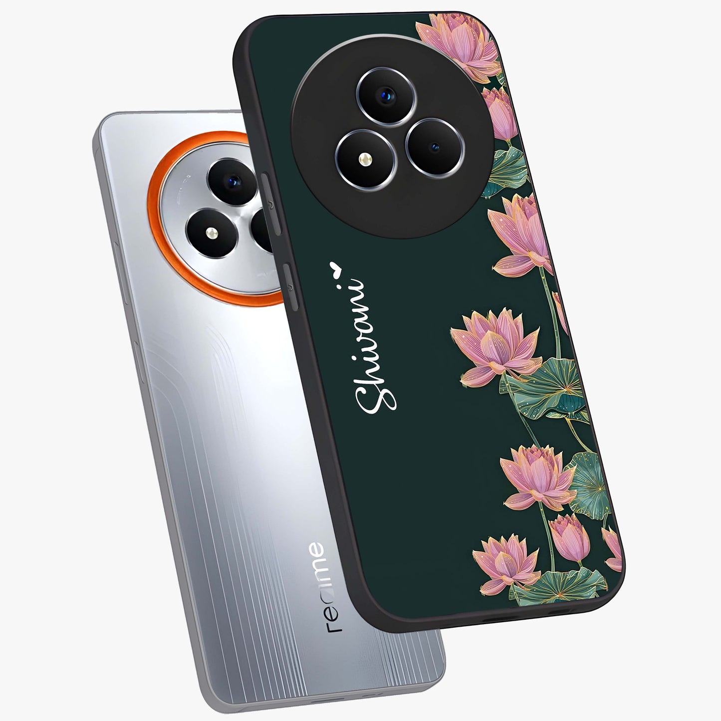 Lotus Bloom Serenity Custom Name Glass Case displayed in angled mockup highlighting graceful lotus illustration with custom name feature.
