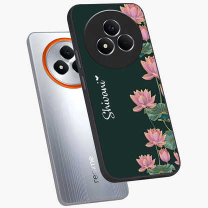 Lotus Bloom Serenity Custom Name Glass Case displayed in angled mockup highlighting graceful lotus illustration with custom name feature.