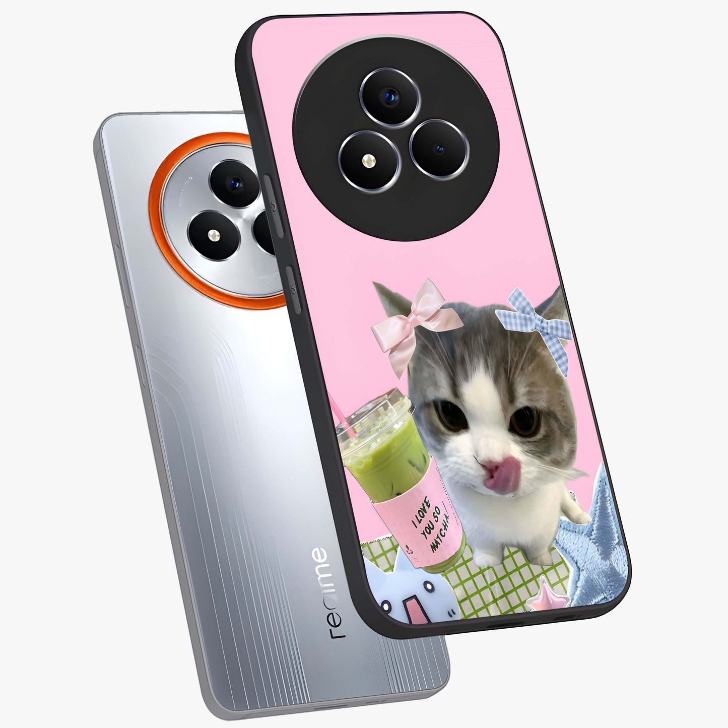 Love Matcha Cat Glass Case displayed in angled mockup highlighting playful feline illustration with cozy matcha aesthetic.
