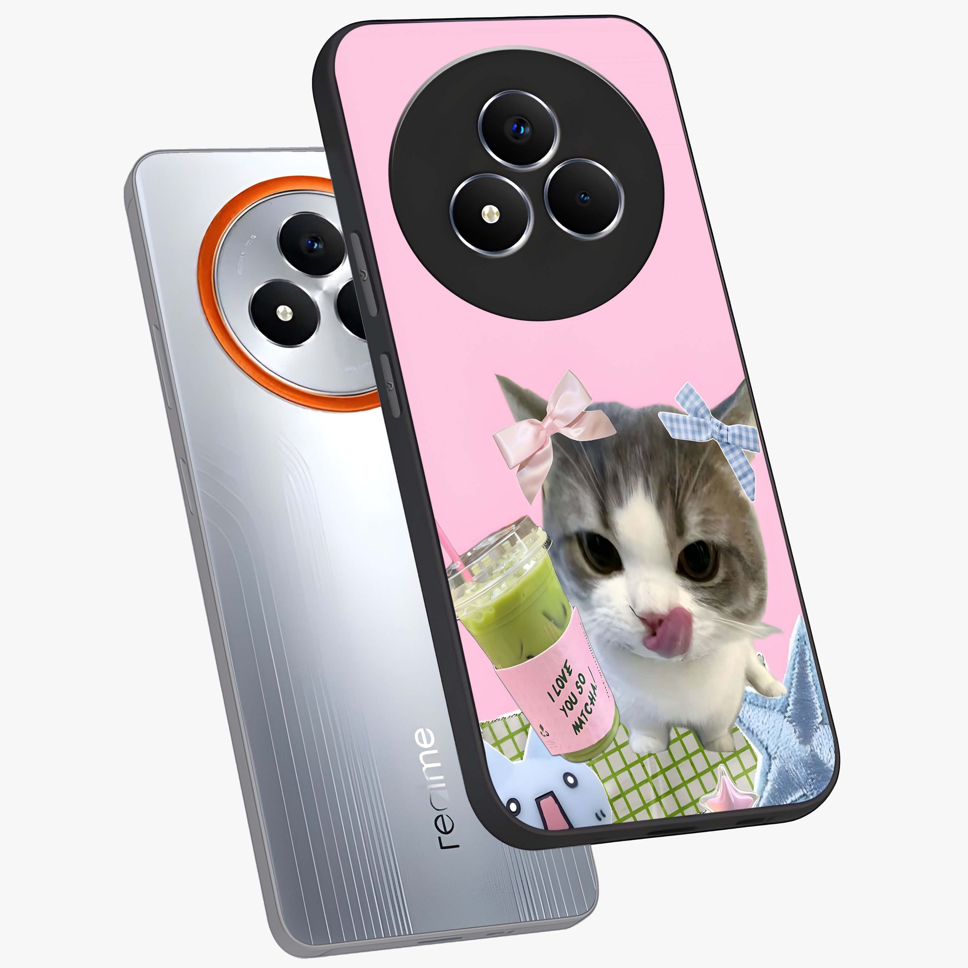 Love Matcha Cat Glass Case displayed in angled mockup highlighting playful feline illustration with cozy matcha aesthetic.