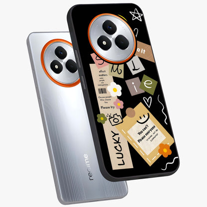 Lucky Aesthetic Collage Glass Case displayed in angled mockup highlighting stylish collage pattern with modern aesthetic vibe.