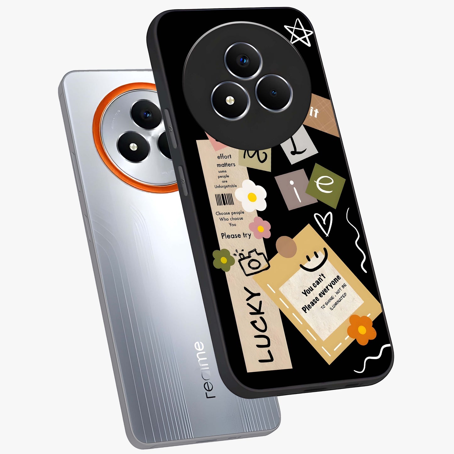 Lucky Aesthetic Collage Glass Case displayed in angled mockup highlighting stylish collage pattern with modern aesthetic vibe.