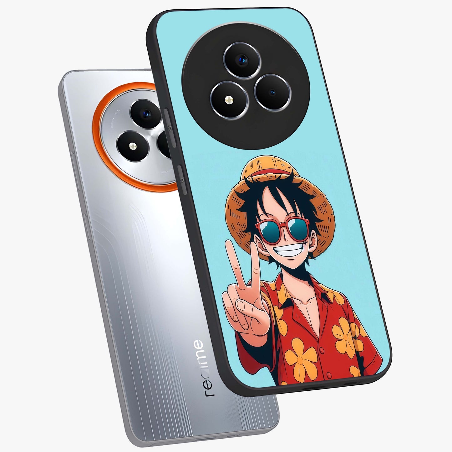 Luffy Summer Anime Vibe Glass Case displayed in angled mockup highlighting energetic anime illustration with summer vibe aesthetic.