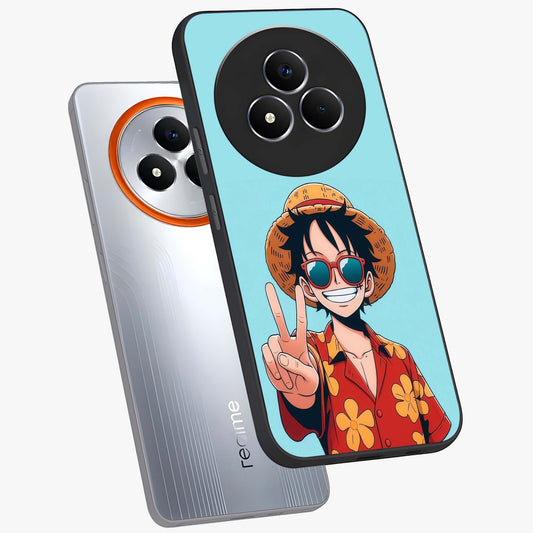 Luffy Summer Anime Vibe Glass Case displayed in angled mockup highlighting energetic anime illustration with summer vibe aesthetic.