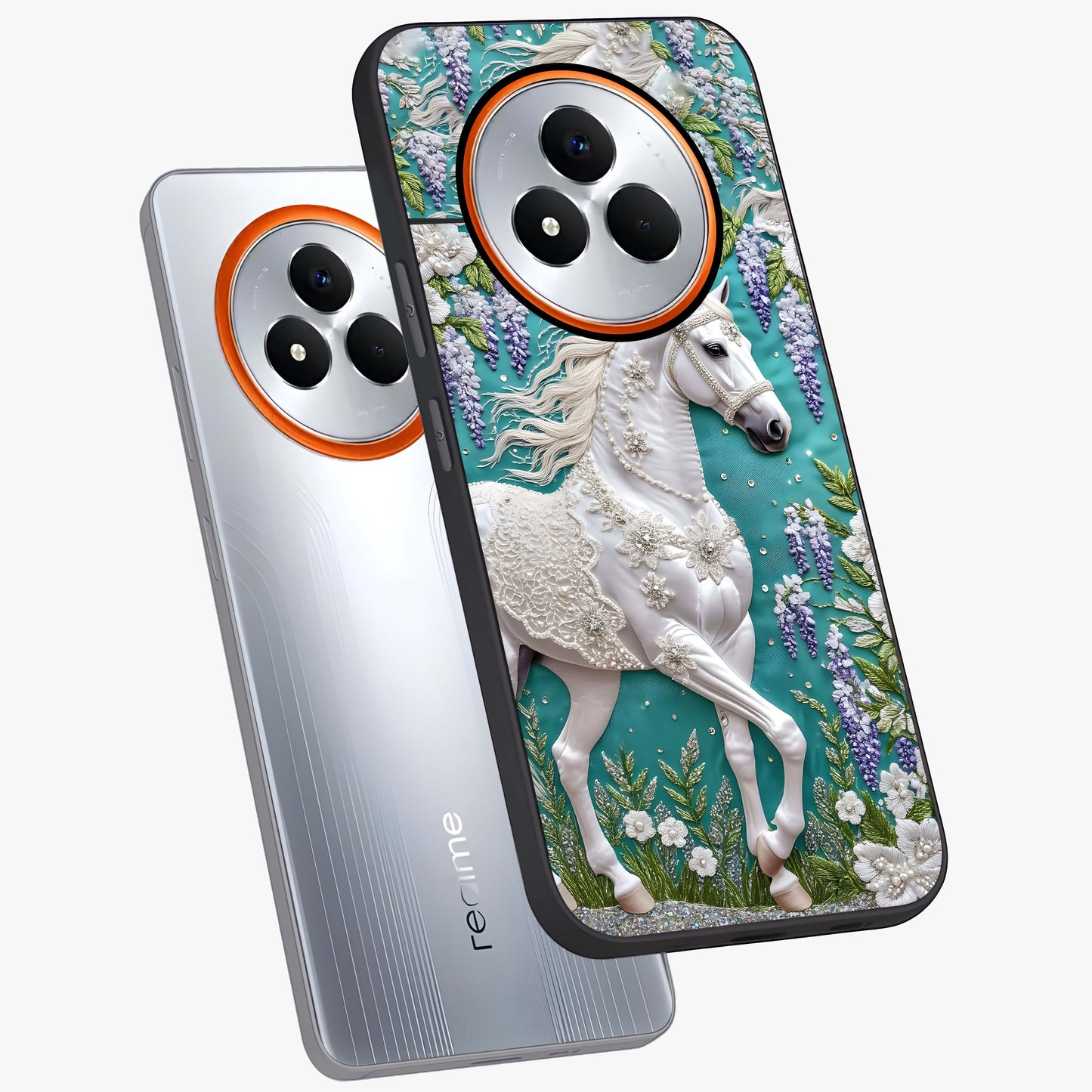 Majestic Floral Stallion Glass Case displayed in angled mockup highlighting majestic stallion illustration with elegant floral aesthetic.