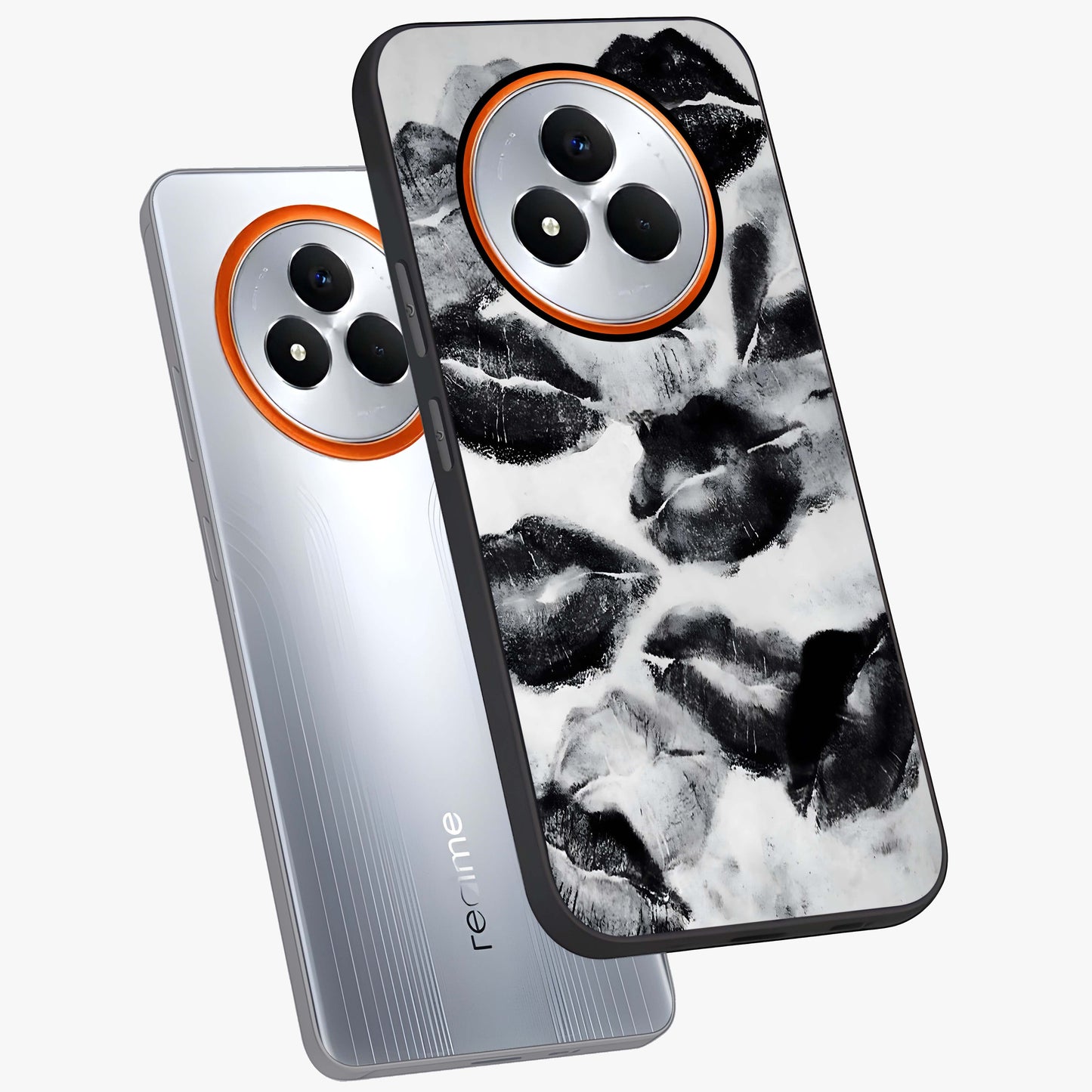 Midnight Kiss Marks Glass Case displayed in angled mockup highlighting playful romantic design with bold midnight aesthetic.