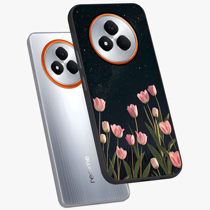 Midnight Tulip Whispers Vibe Glass Case displayed in angled mockup highlighting delicate tulip design with midnight floral aesthetic.
