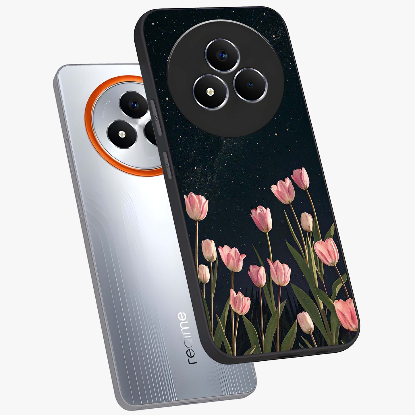Midnight Tulip Whispers Vibe Glass Case displayed in angled mockup highlighting delicate tulip design with midnight floral aesthetic.
