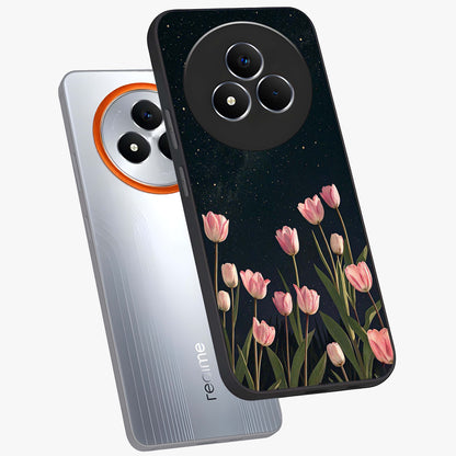 Midnight Tulip Whispers Vibe Glass Case displayed in angled mockup highlighting delicate tulip design with midnight floral aesthetic.