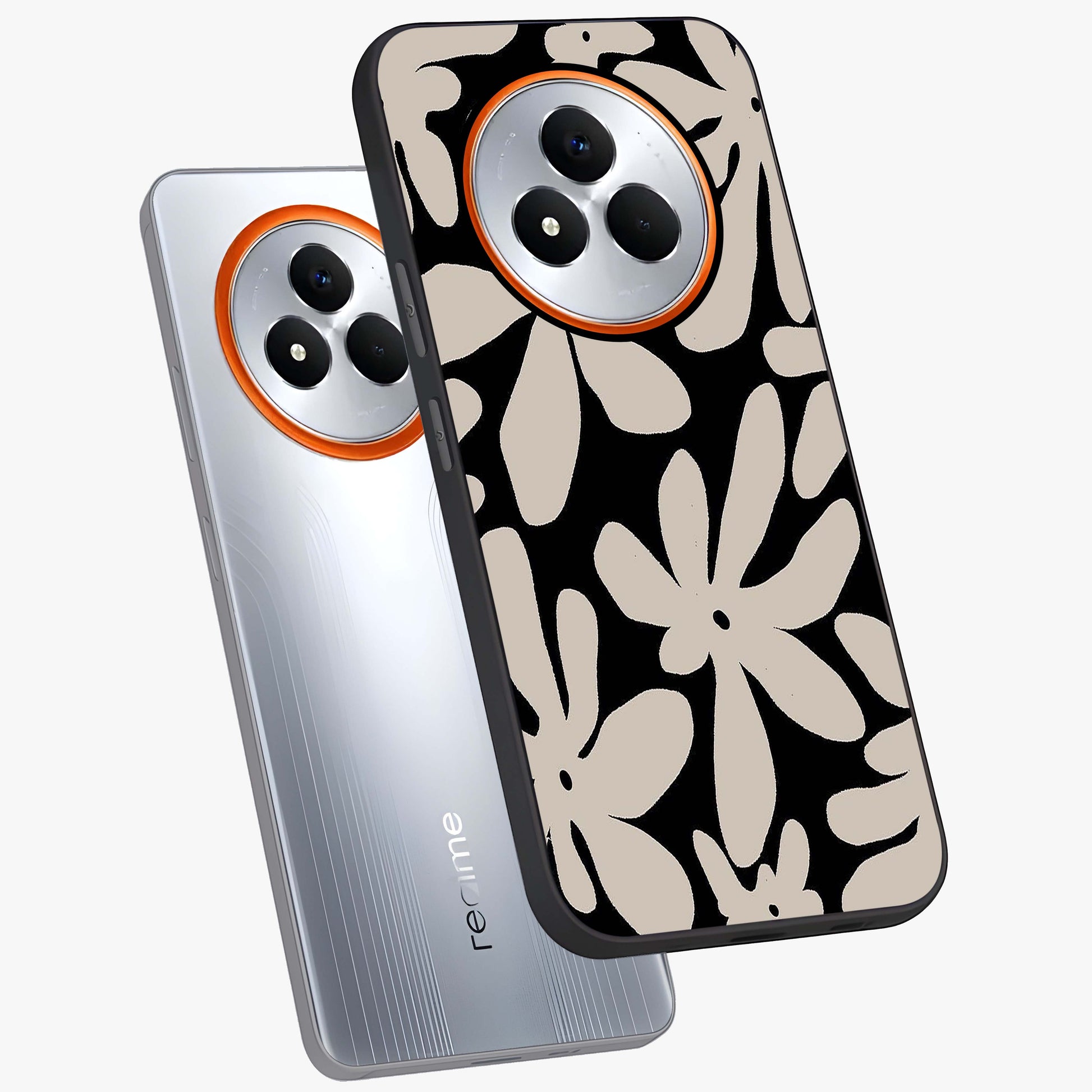 Monochrome Petal Dance Glass Case displayed in angled mockup highlighting elegant petal design with black and white aesthetic.
