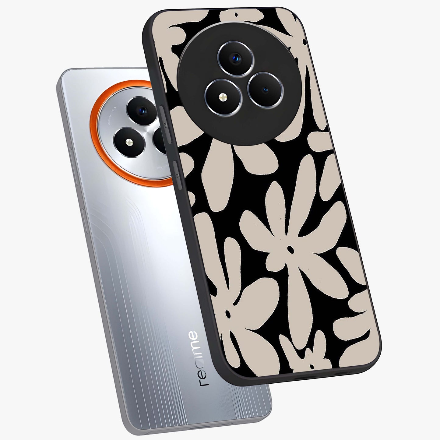 Monochrome Petal Dance Glass Case displayed in angled mockup highlighting elegant petal design with black and white aesthetic.
