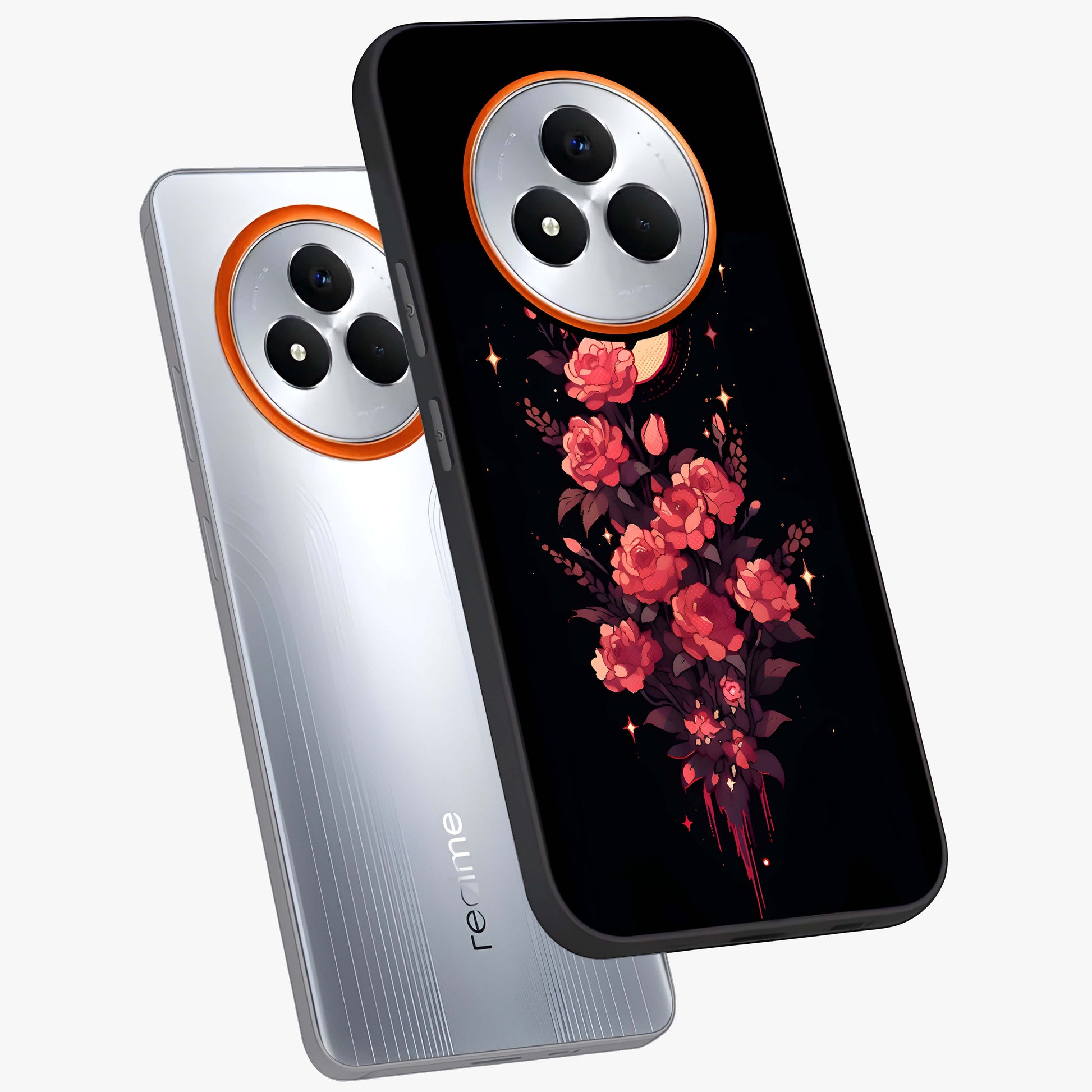 Moonlit Floral Elegance Glass Case displayed in angled mockup highlighting graceful flower design with soft moonlight aesthetic.