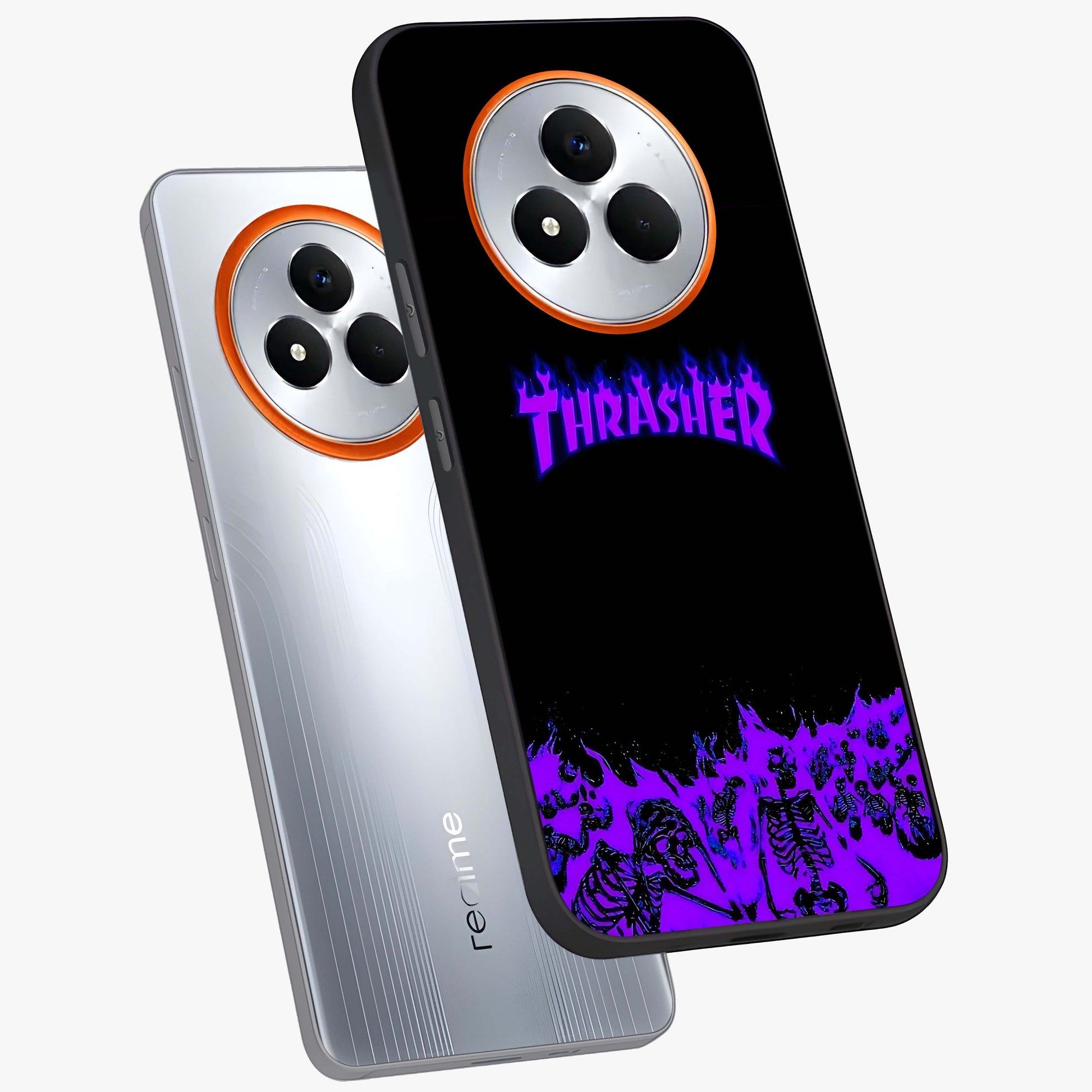 Neon Flame Riot Glass Case displayed in angled mockup highlighting glowing flame design with vibrant neon aesthetic.