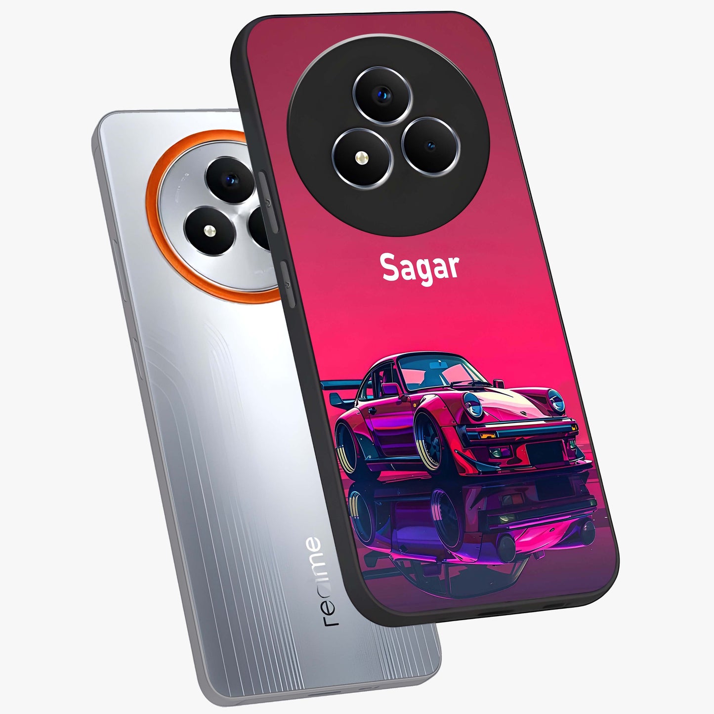 Neon Pink Porsche Glass Case displayed in angled mockup highlighting sleek neon pink car design with racing aesthetic.