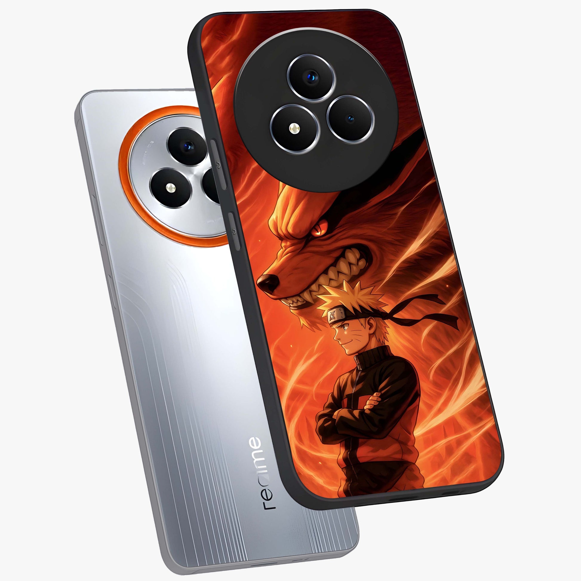 Nine Tails Legacy Glass Case displayed in angled mockup highlighting dynamic anime beast illustration with bold mystical aesthetic.