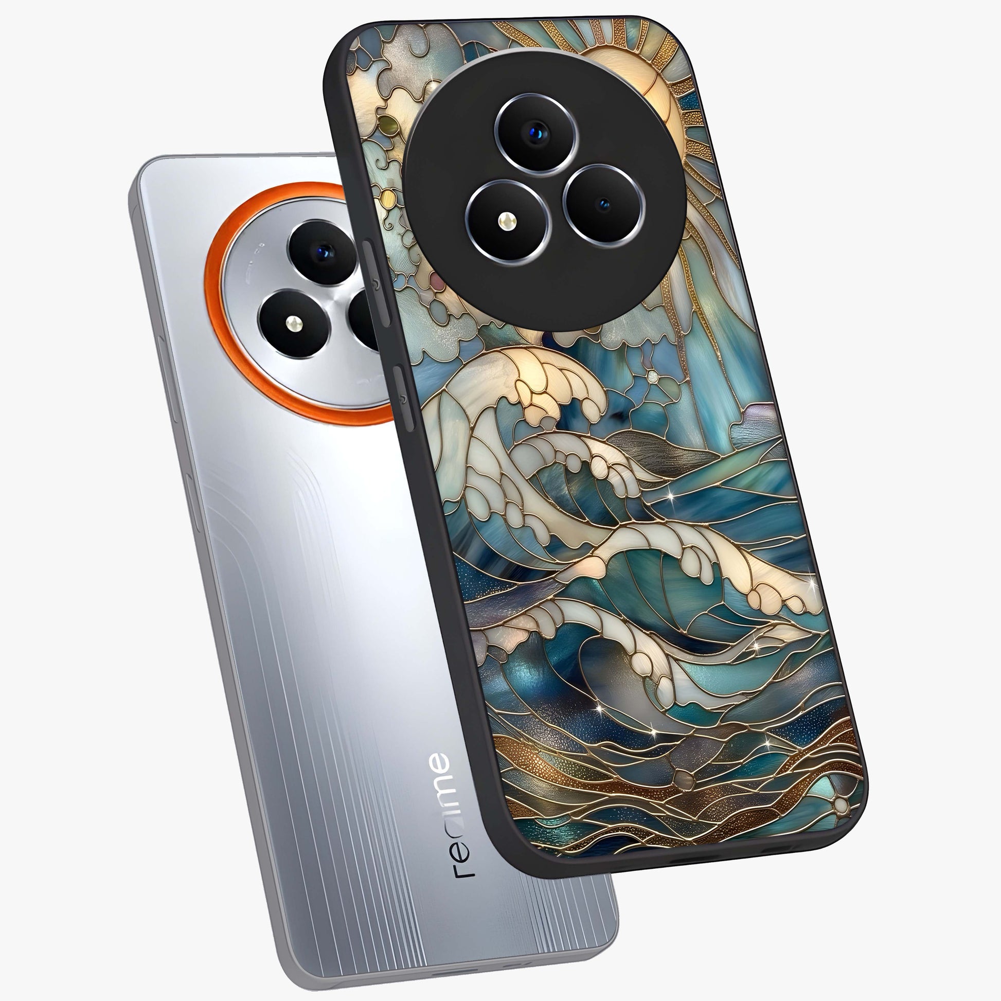 Oceanic Stained Printed Glass Case displayed in angled mockup highlighting colorful aquatic design with artistic aesthetic style.