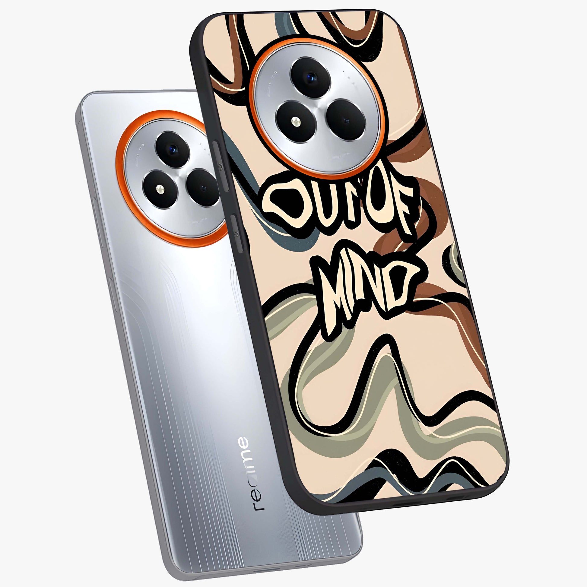 Out Of Mind Glass Case displayed in angled mockup highlighting bold statement design with modern artistic aesthetic.