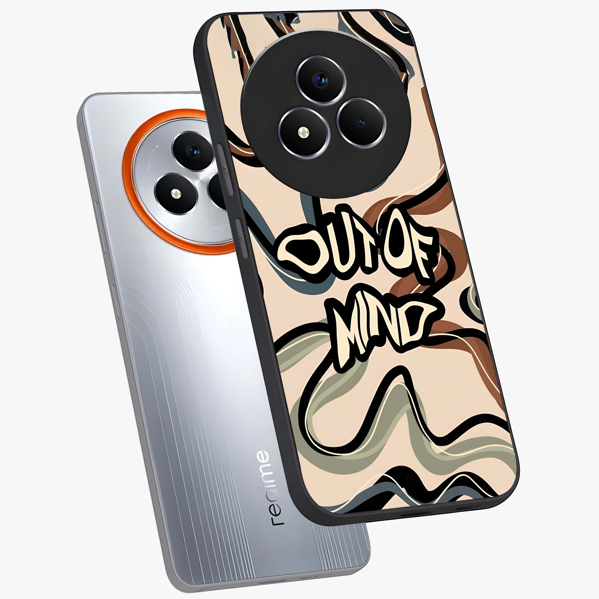 Out Of Mind Glass Case displayed in angled mockup highlighting bold statement design with modern artistic aesthetic.