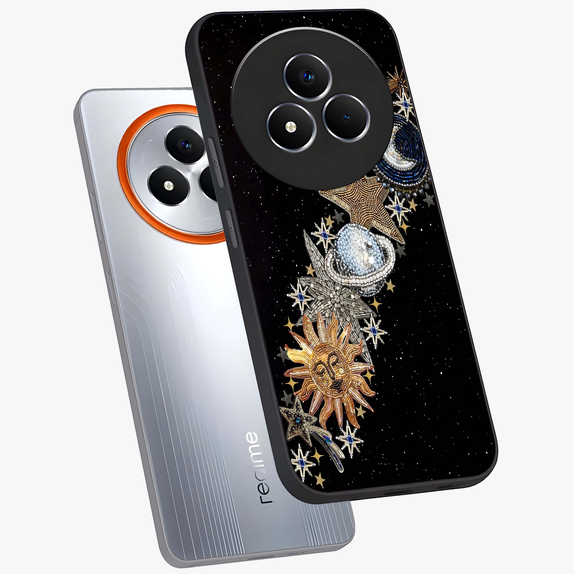Pearls Universe Object Glass Case displayed in angled mockup highlighting celestial pearl design with dreamy aesthetic.