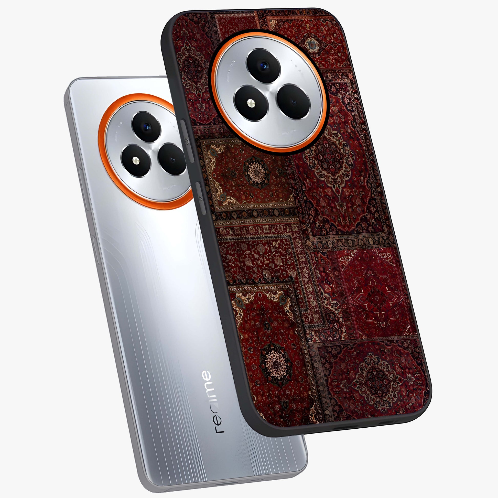 Persian Velvet Tale Glass Case displayed in angled mockup highlighting ornate textile inspired design with royal aesthetic.