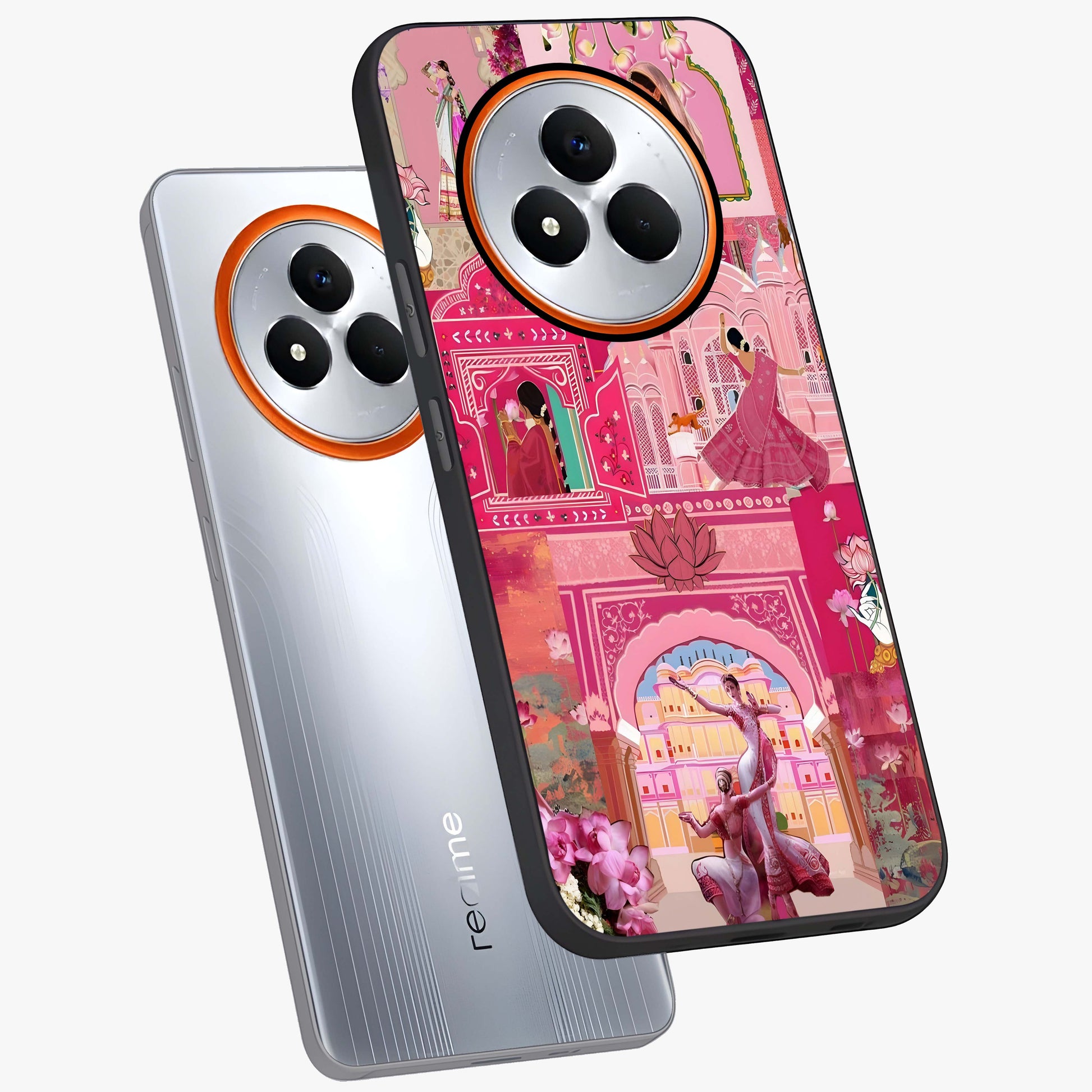Pink Palace Muse Glass Case displayed in angled mockup highlighting dreamy palace illustration with soft pink aesthetic.