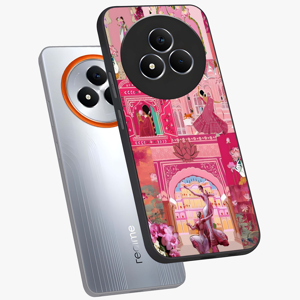 Pink Palace Muse Glass Case displayed in angled mockup highlighting dreamy palace illustration with soft pink aesthetic.