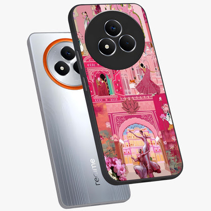 Pink Palace Muse Glass Case displayed in angled mockup highlighting dreamy palace illustration with soft pink aesthetic.