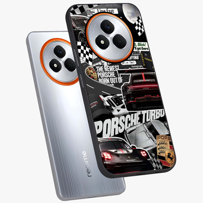 Porsche Racing Collage Glass Case displayed in angled mockup highlighting dynamic automotive design with bold racing aesthetic.