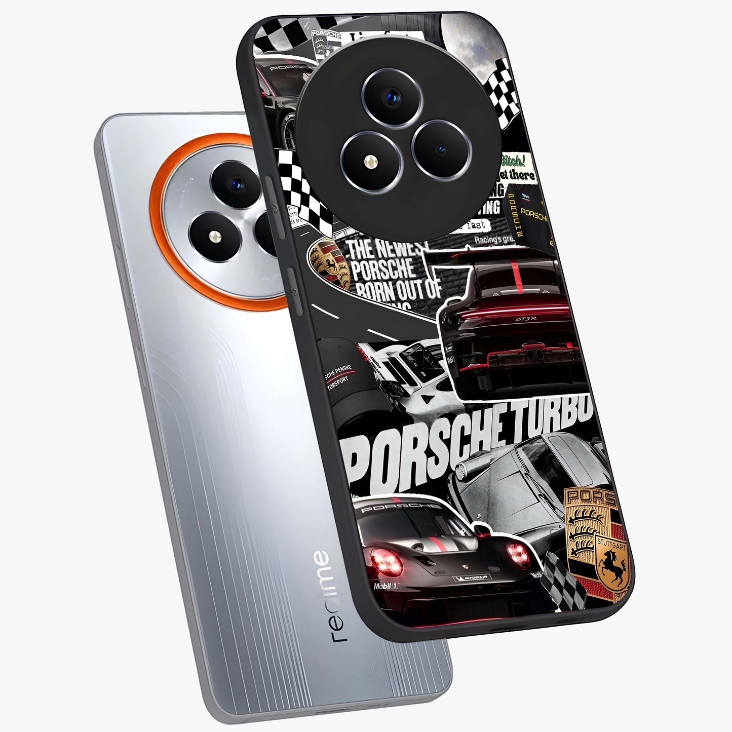 Porsche Racing Collage Glass Case displayed in angled mockup highlighting dynamic automotive design with bold racing aesthetic.