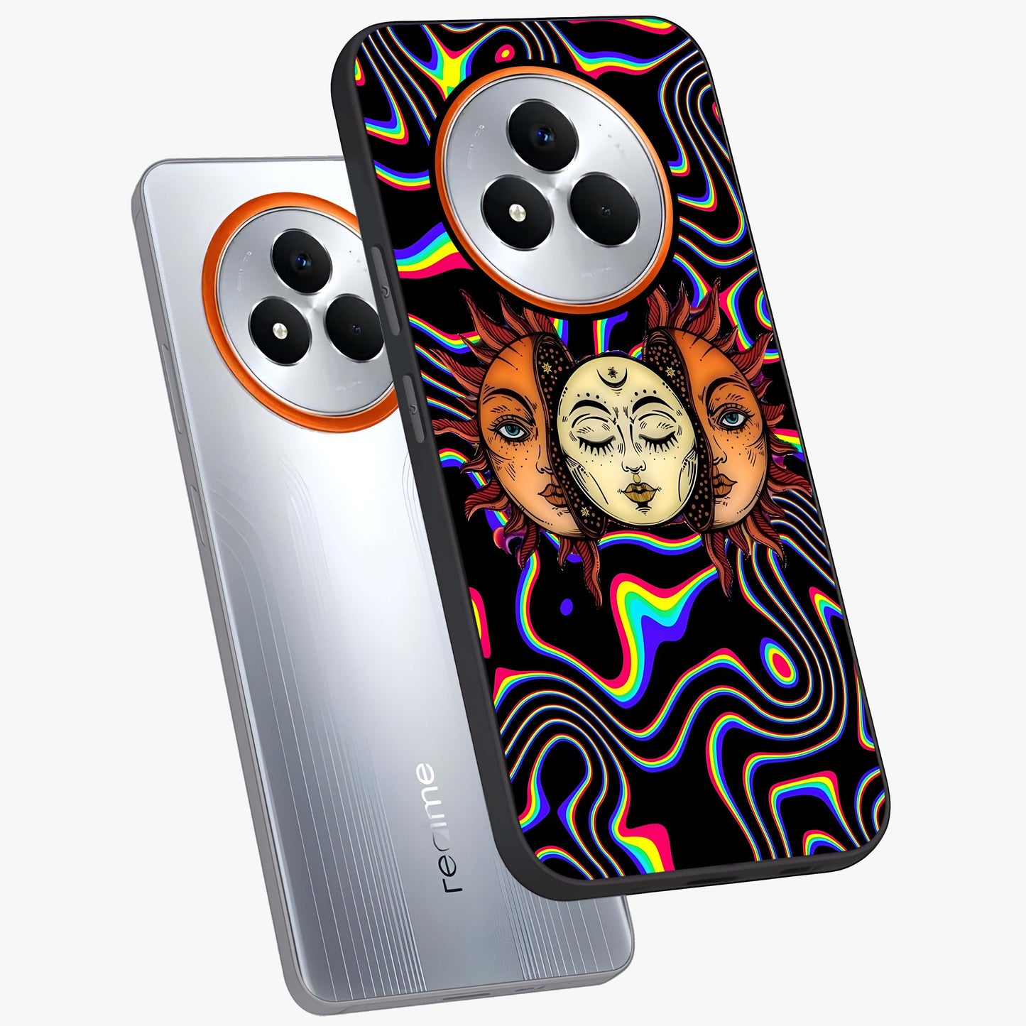 Psychedelic Sun Glass Case displayed in angled mockup highlighting vibrant abstract sun design with artistic aesthetic style.