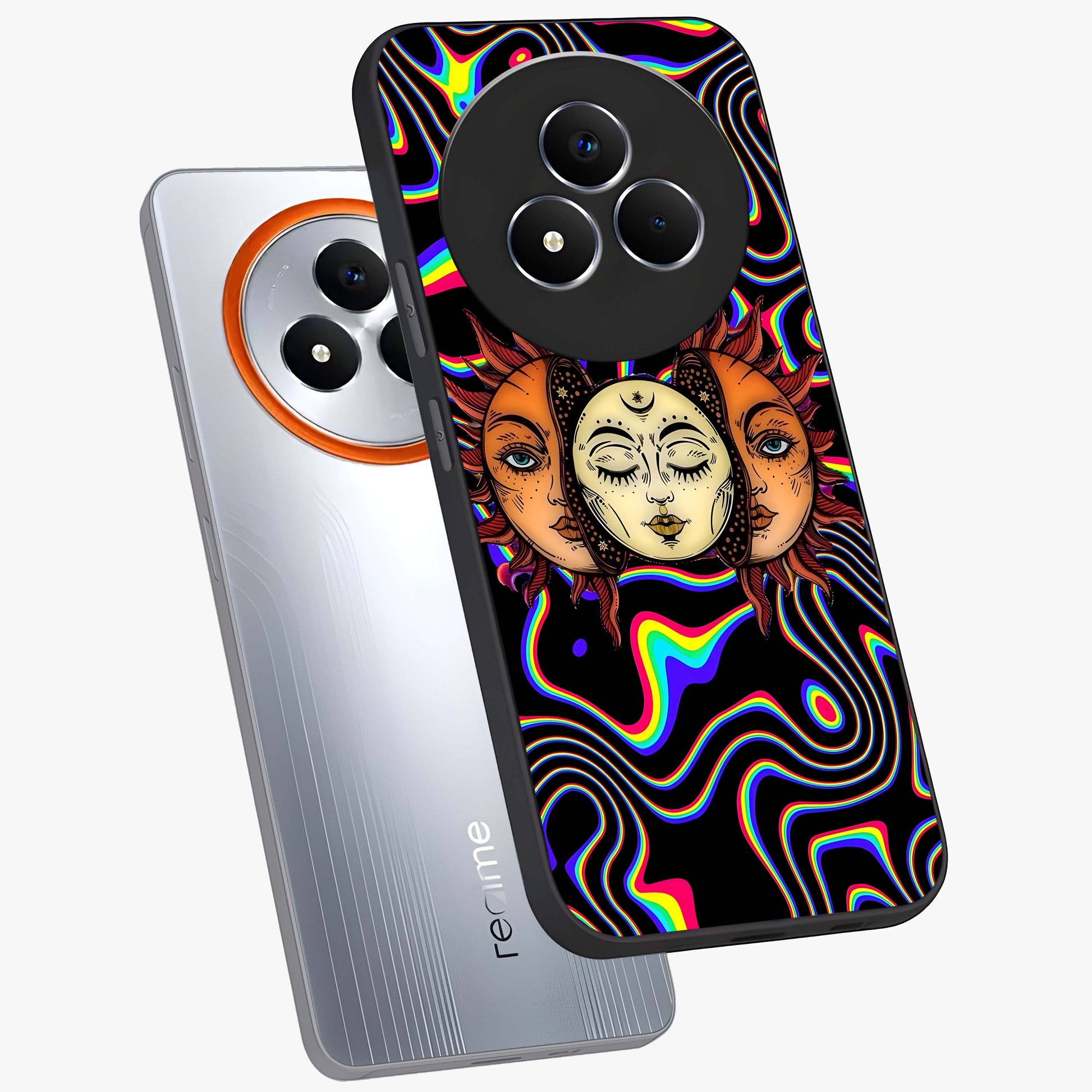 Psychedelic Sun Glass Case displayed in angled mockup highlighting vibrant abstract sun design with artistic aesthetic style.