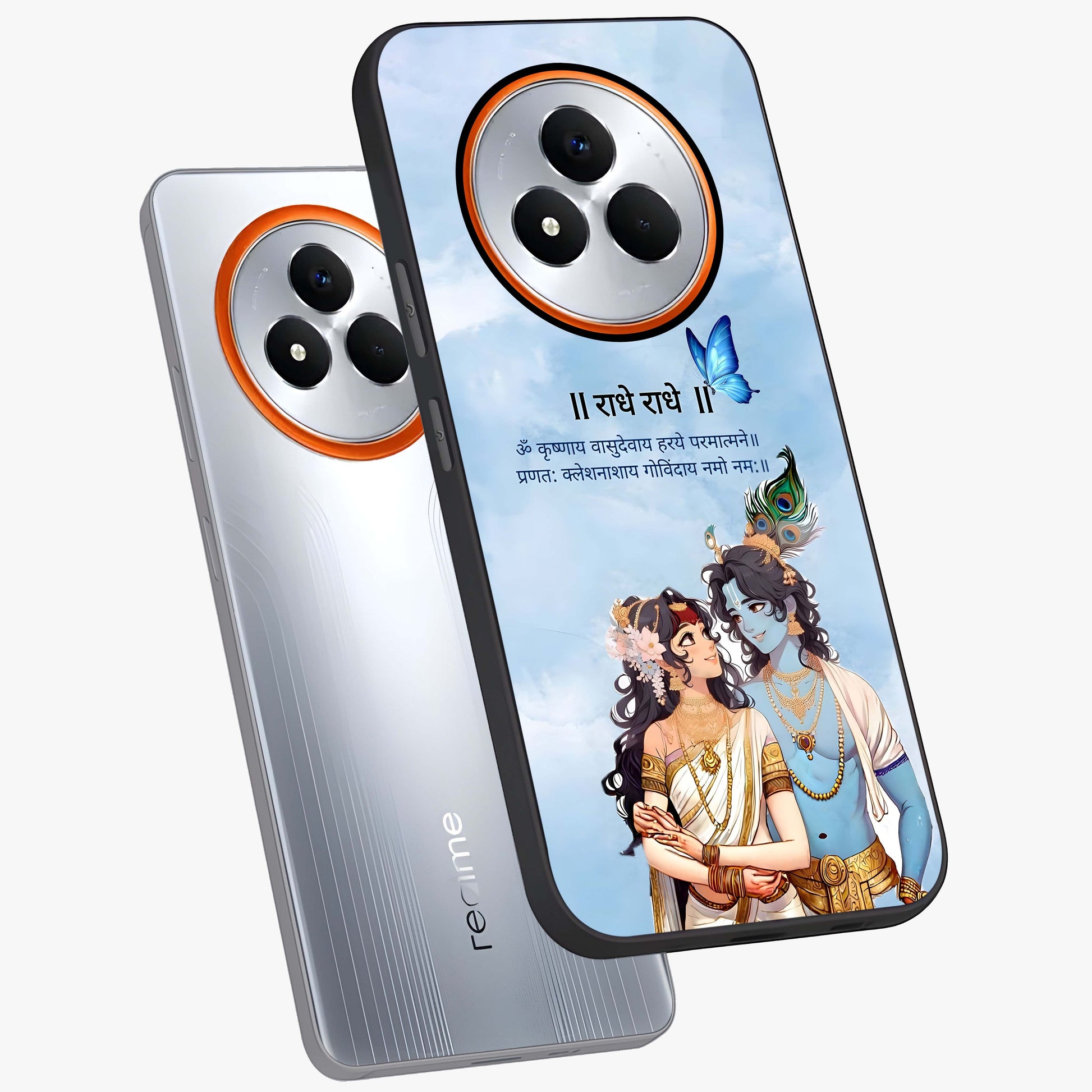 Radha Krishna Eternal Glass Case displayed in angled mockup highlighting divine Radha Krishna illustration with spiritual aesthetic.