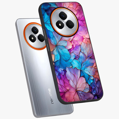 Radiant Floral Whirl Glass Case displayed in angled mockup highlighting vibrant flower pattern with dynamic artistic aesthetic.