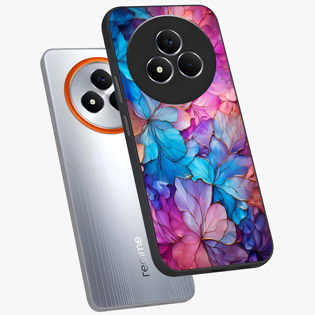 Radiant Floral Whirl Glass Case displayed in angled mockup highlighting vibrant flower pattern with dynamic artistic aesthetic.