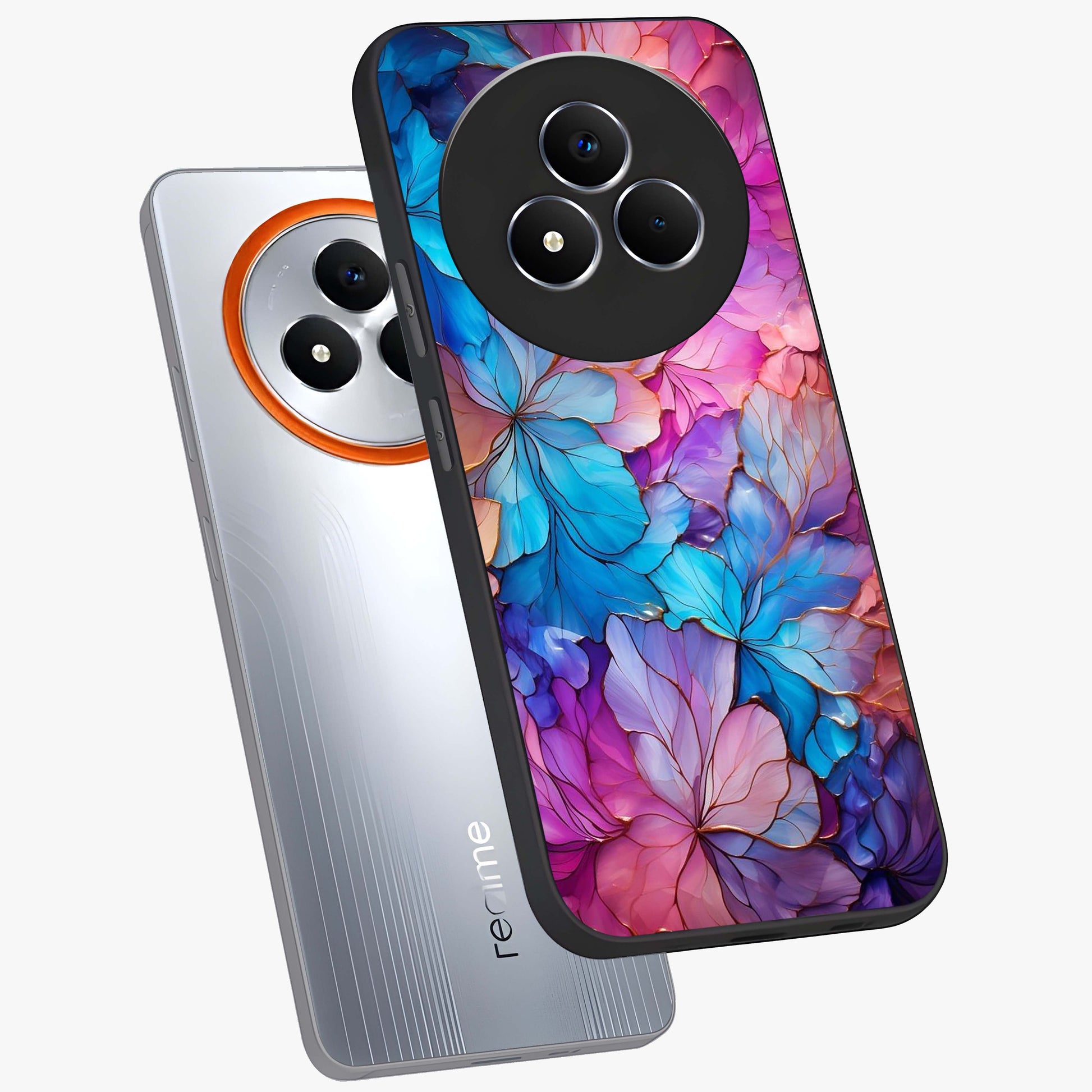 Radiant Floral Whirl Glass Case displayed in angled mockup highlighting vibrant flower pattern with dynamic artistic aesthetic.