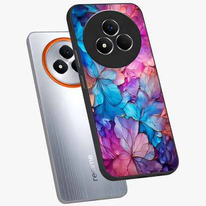 Radiant Floral Whirl Glass Case displayed in angled mockup highlighting vibrant flower pattern with dynamic artistic aesthetic.