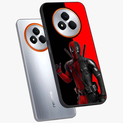 Red & Black Deadpool Theme Glass Case displayed in angled mockup highlighting vibrant superhero style illustration with action aesthetic.