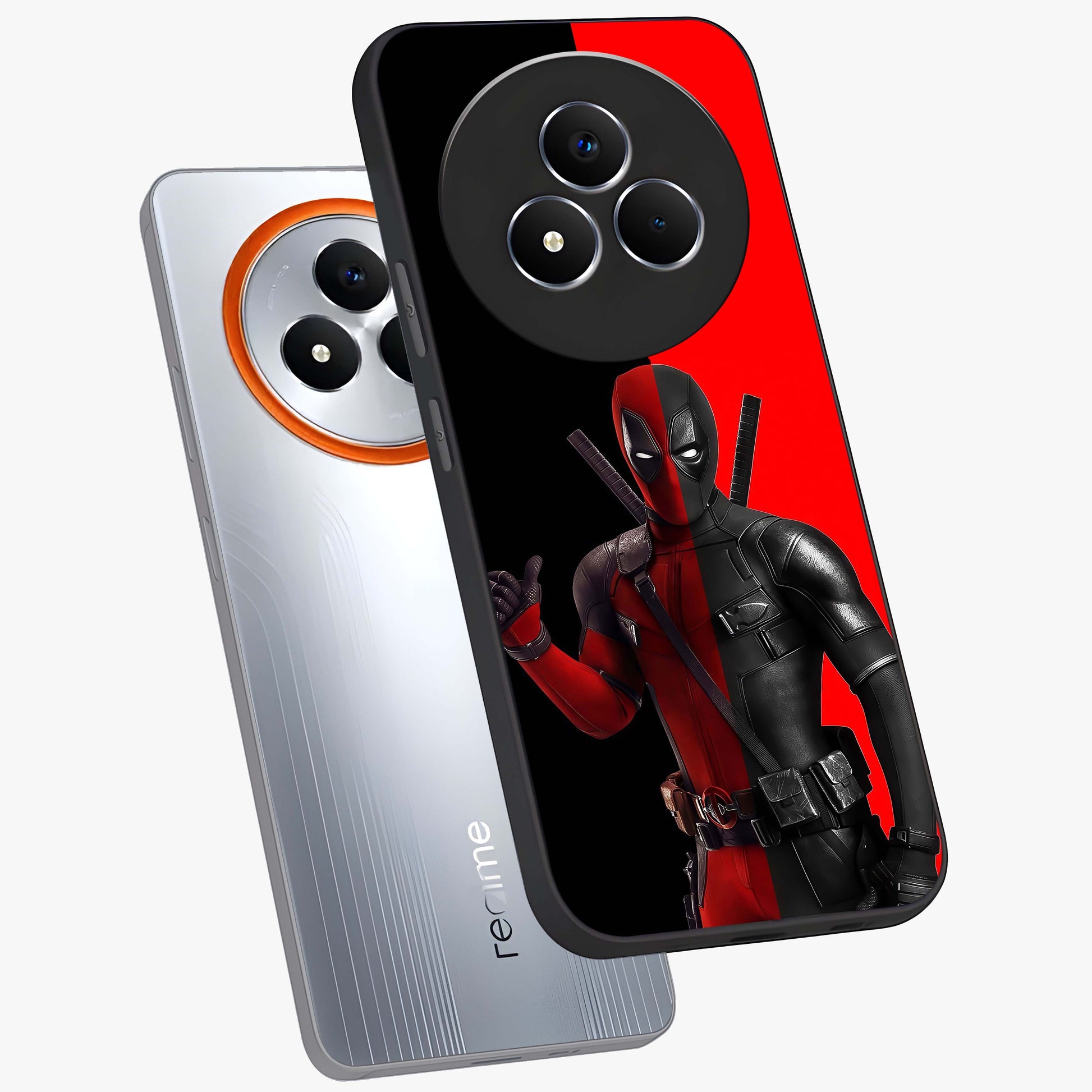Red & Black Deadpool Theme Glass Case displayed in angled mockup highlighting vibrant superhero style illustration with action aesthetic.